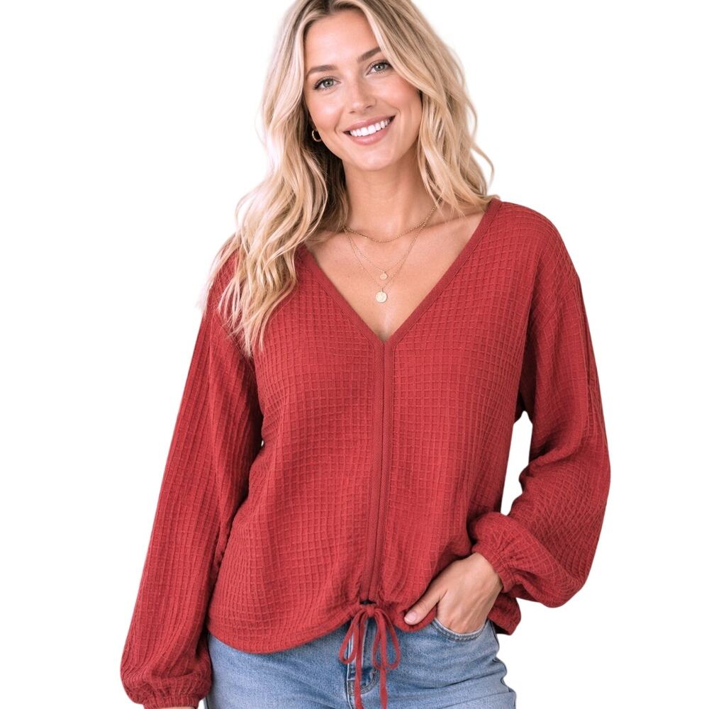 Max Studio Waffle Knit V Neck Top Womens Size 1X Coral Geo-Textured Tie Waist